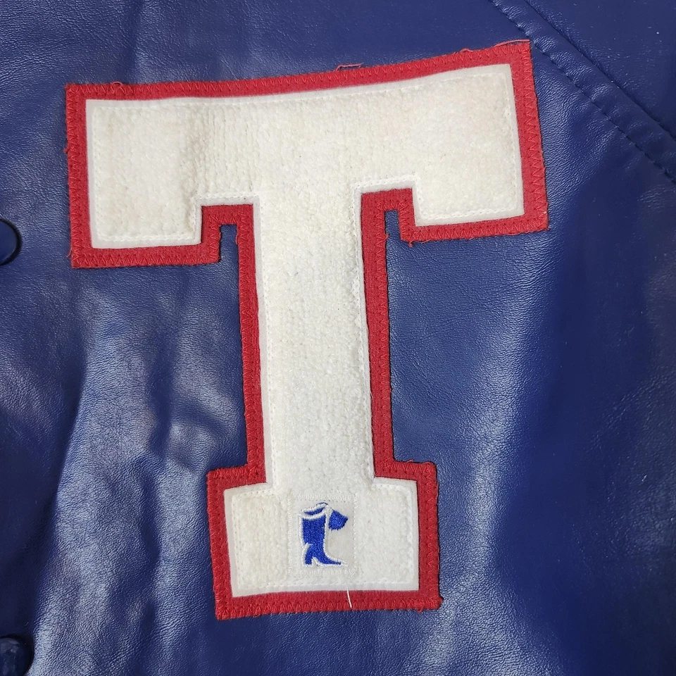 Chaqueta Universitaria Texas Letter Jackets Para Hombre Mediana Azul Vinilo Letterman Parche en T Foto 2 de 4