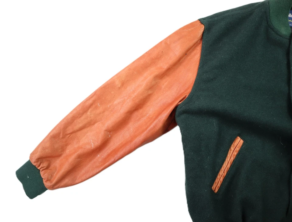 USA 50 XL Blank Varsity Letterman Leather Wool Bomber Jacket Green Brown - Image 4 of 4
