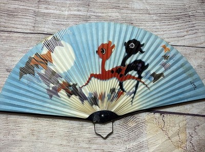 Vtg Folding Paper Hand Fan Red Black Deer Chinese Fan Blue 13.5 