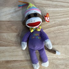 TY Sock Monkey Beanie Babies 2012 Happy Birthday Purple With Tags 9" NWT