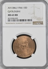 QATAR - DUBAI , 10 DIRHAMS 1966 (11) NGC MS 63 RB , RARE