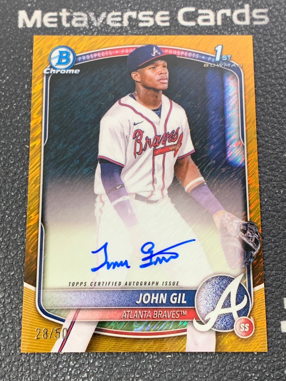 2025 Bowman Chrome John Gil 1st Prospects Auto Gold Shimmer 28/50 Braves