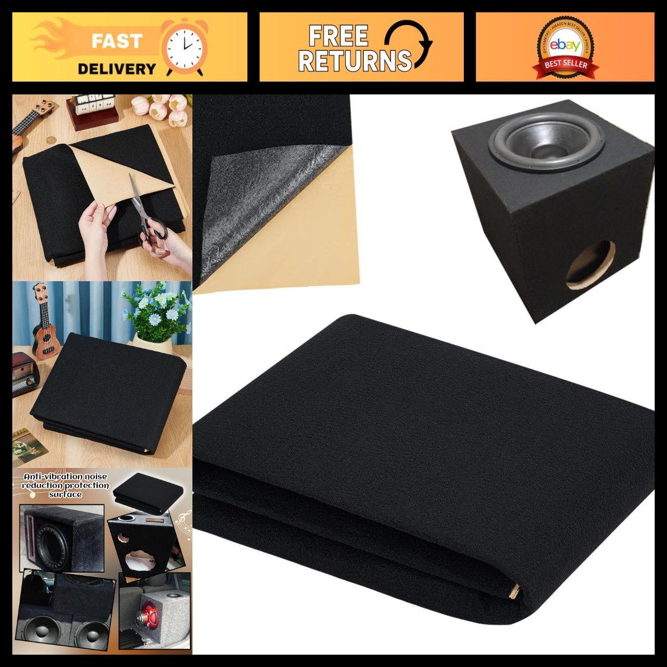 39.4x39.4 Inch Black Subwoofer Box Carpet - 1.5mm Thick Self-Adhesive Felt Sheet