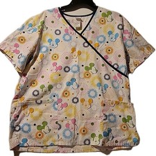 Disney Mickey Mouse Scrub Top Large Floral Bursts V-Neck Retro Multicolor