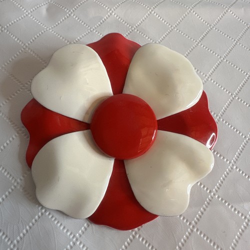 Vintage Red & White Enamel Layered Flower Power Pin Brooch 2.75” Read - Picture 2 of 13