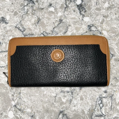Portefeuille Christian Dior vintage cuir marron olive logo fermeture éclair autour