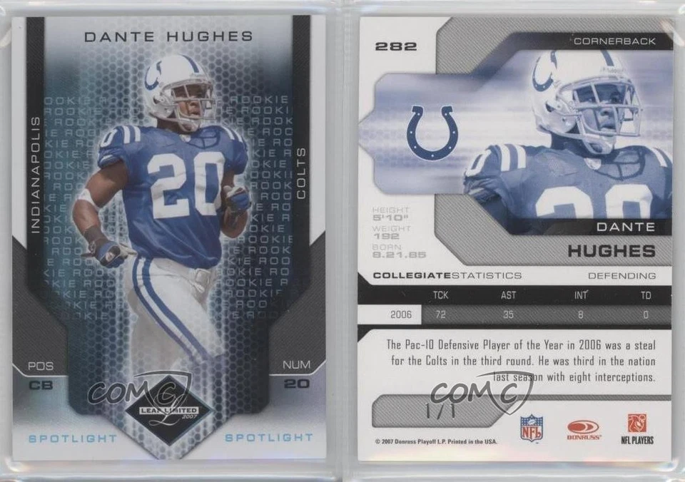 2007 Leaf Limited Rookie Spotlight Platinum 1/1 Dante Hughes #282 Rookie RC r3u - Image 3 of 3