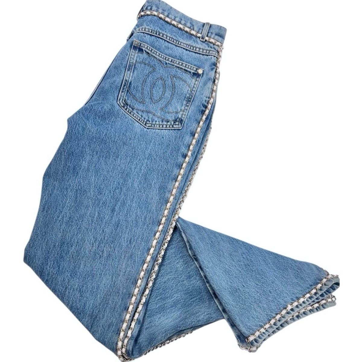 CHANEL 23N COCO NEIGE BLUE STRAIGHT JEANS WITH WHITE LEATHER CHAIN