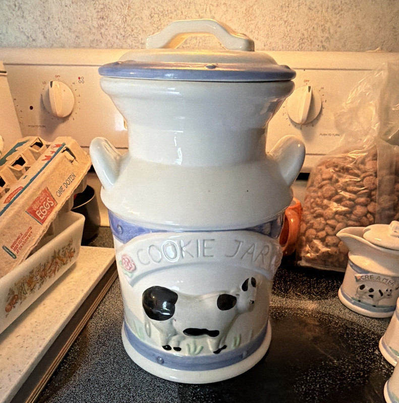 White & Blue Ceramic Cow Cookie Jar 7 in Country Style w/ Lid Handle