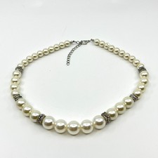 Vintage Cream Faux Pearl Graduated Choker Necklace with Rhinestone Rondelles