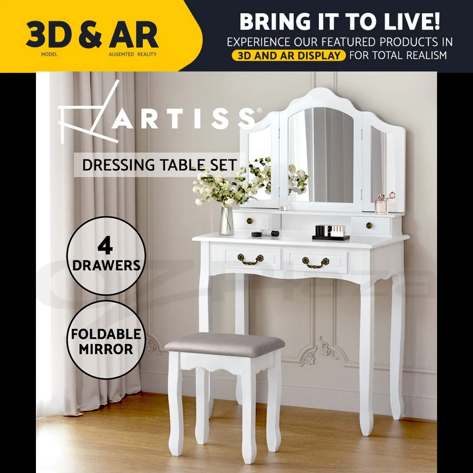 Artiss Dressing Table Mirror Stool Set Girls Vanity Makeup Desk Drawer Organizer