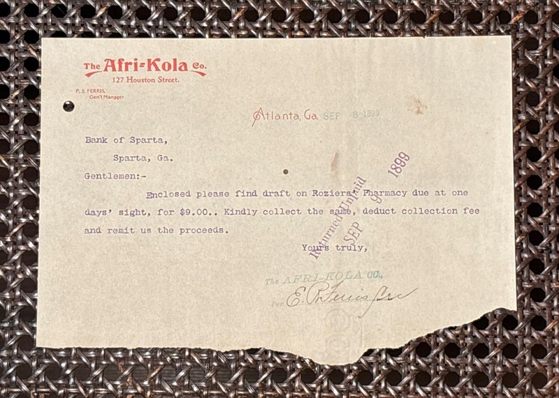 1899 Afri-Kola Co Atlanta GA Soda Pop Letterhead Bank Default History Paper
