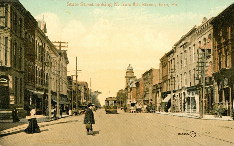 Set x 3 STATE STREET, ERIE,PA Postcards c1914 Street Scene POST OFFICE, Monument - Image 2 of 4