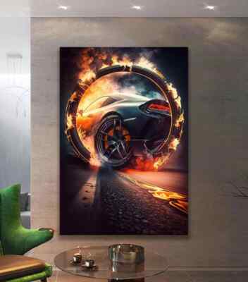 Drift Sports Car On Flamming Tayer Abstract Wall Art Canvas Unframed Print Art