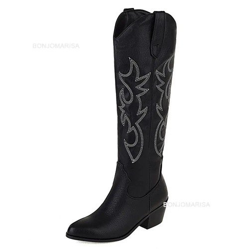 Women Embroidered Western Knee High Boots Cowboy Cowgirl Boots Chunky Heel Boot - Bild 22 von 35