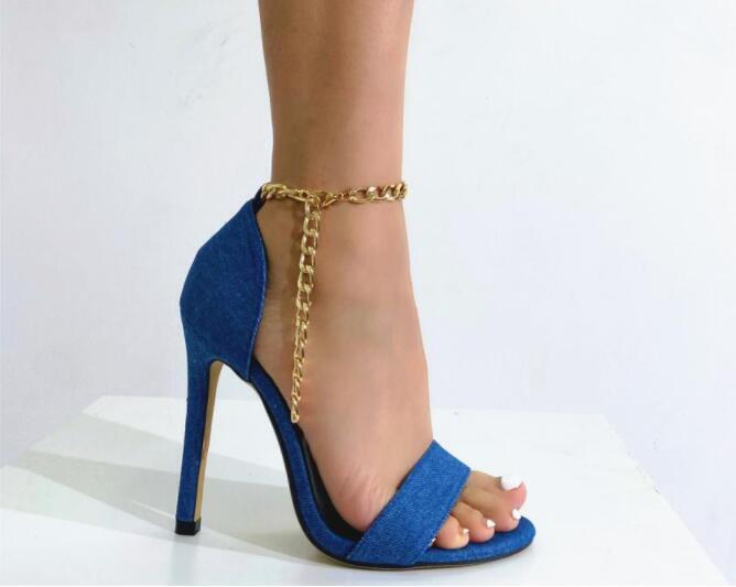 Womens Summer Peep Toe Ankle Strap Denim Sandals Fashion Sexy Party High Heels