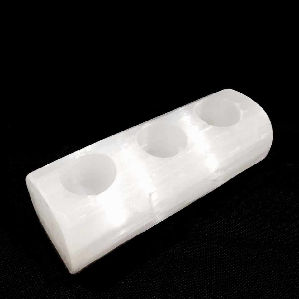 XL Natural Selenite Crystal Candle Holder Log 3 Hole HANDMADE Protect Heal Light - Image 3 of 4