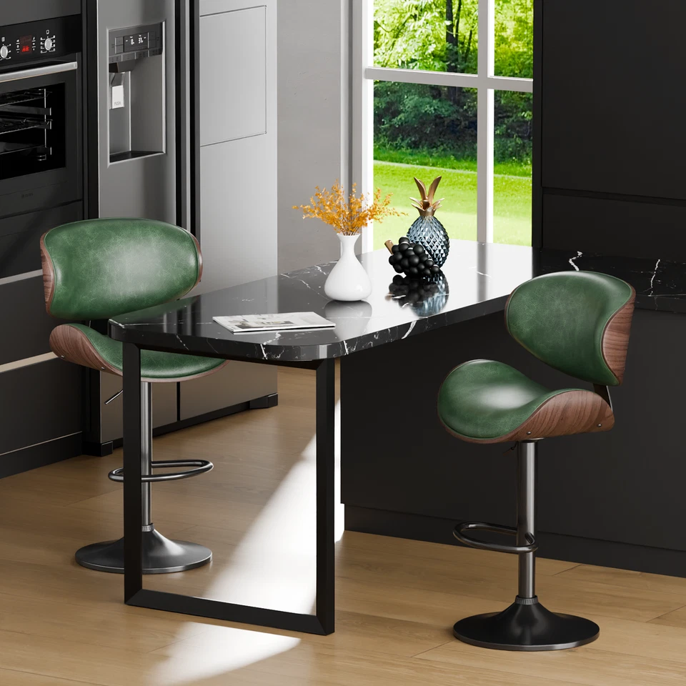 1pc Bar Stool Bentwood Counter Chair Adjustable Swivel Faux Leather Green - Image 4 of 4