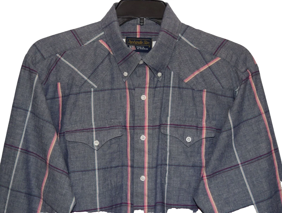 Camisa Western Panhandle Slim Proud To Be American Gris Rosa Cuadros Talla 17.5-35 Foto 3 de 4