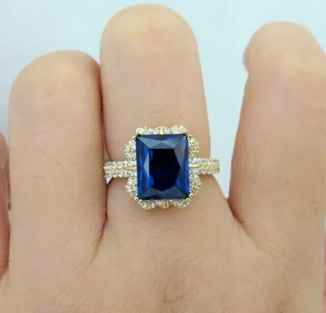 Halo 14K Gold Plated Emerald Simulated Sapphire Engagement Ring 2.36 Ct-image