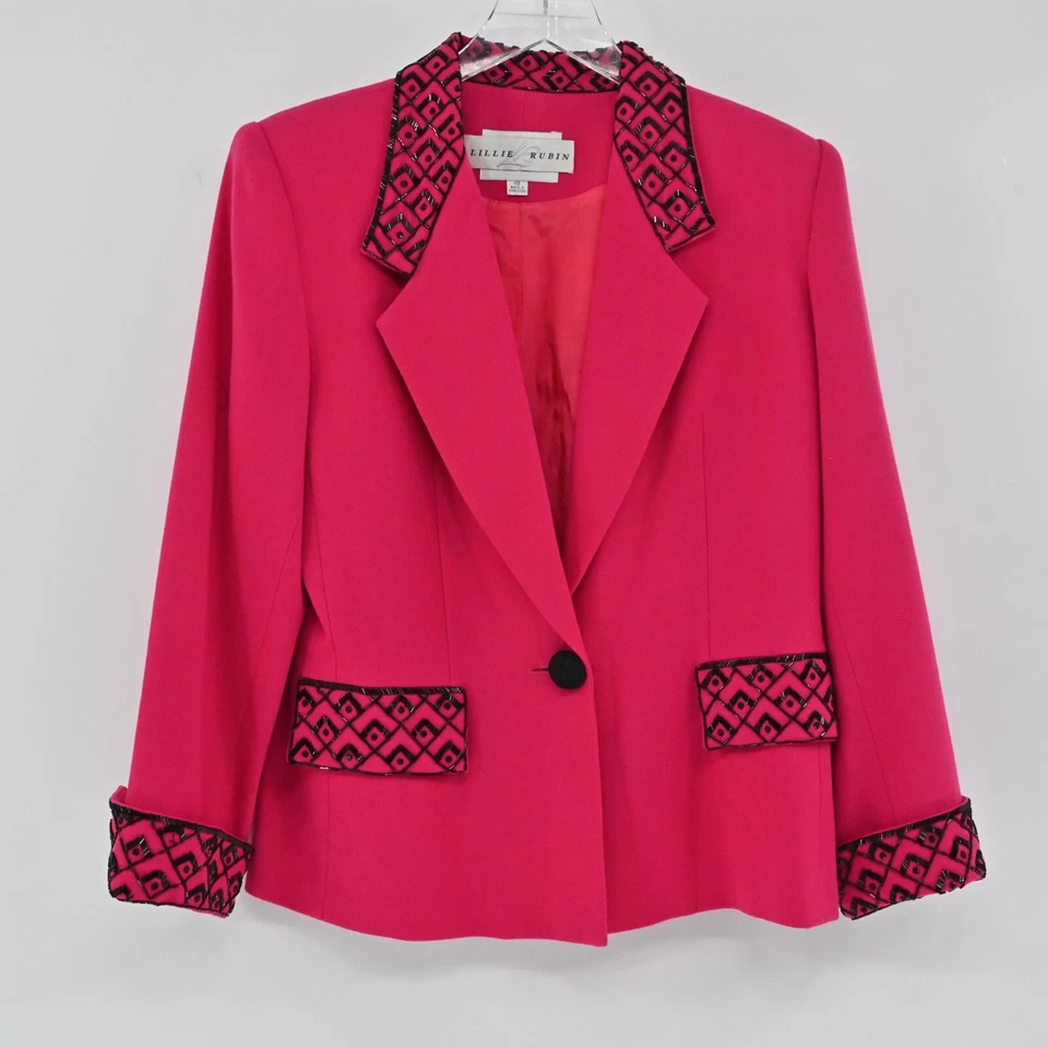 De Colección LILLIE RUBIN Falda Traje Mujer Talla 10 Rosa Caliente Negro Cuentas Años 80 Foto 2 de 4