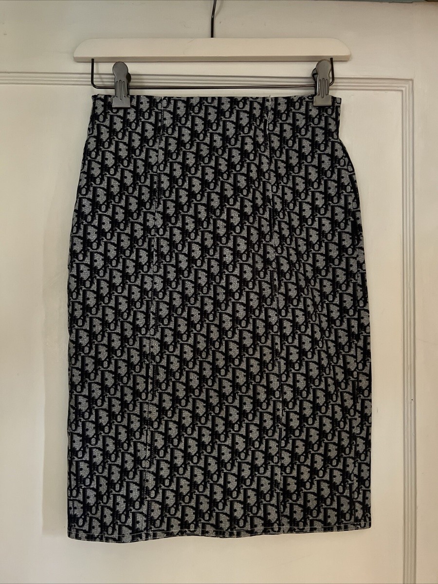 Vintage Navy Christian Dior Trotter Monogram Pencil Skirt With
