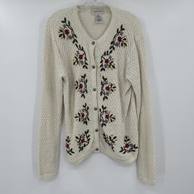 Vintage Lemon Grass Button Up Cream Cardigan With Flower Embroidery Size Medium