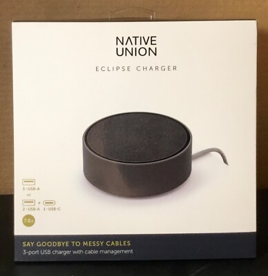 2017 NATIVE UNION SLATE ECLIPSE CHARGER 3-PORT USB CABLE MANAGEMENT NEW SEALED