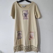 Get Lucky Boho T-Shirt Dress Leather Animal Prints & Fringe Size M Beige Safari