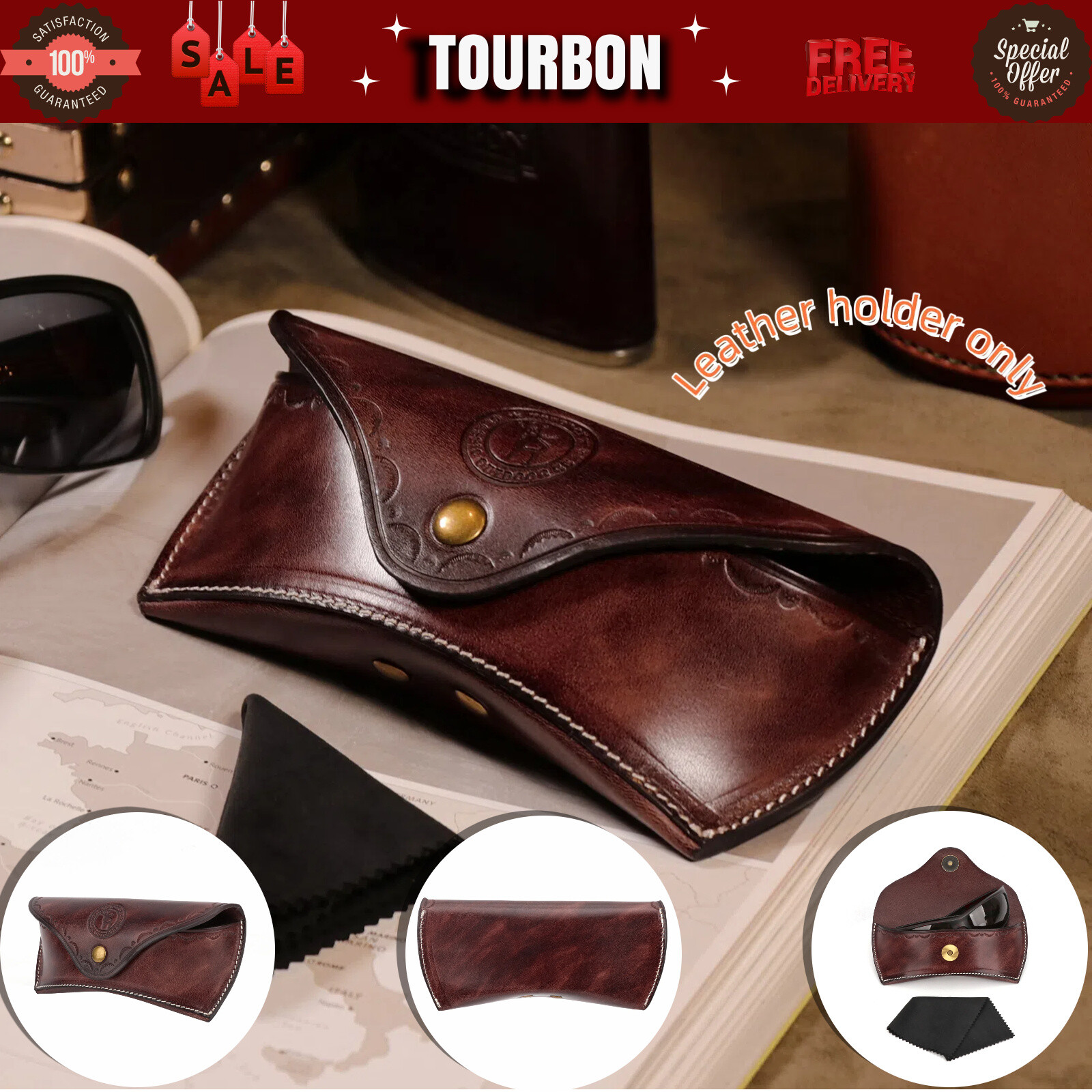 TOURBON Vintage Leather Eyeglasses Case Readingglasses Eyewear Carry Pouch Box