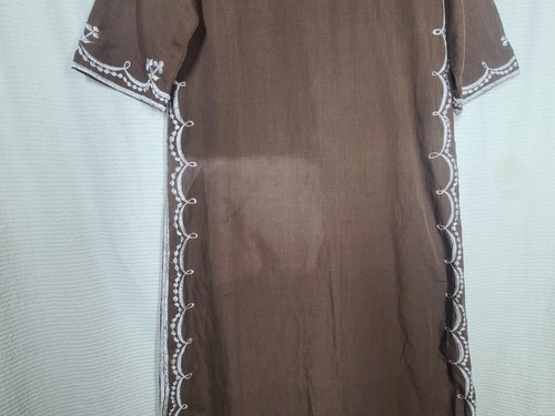 Vtg 60s Caftan Dress Border Embroidery Retro Cotton M L Maxi House Gown 70s - Picture 14 of 15