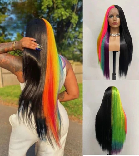 Half Black Half Rainbow Lace Front Wig 24 Inch Long Straight Synthetic Hair Wig - Picture 1 of 8