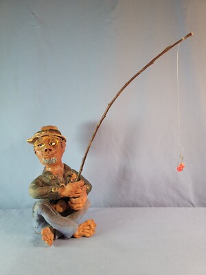 clay fishing pole LARGE Fishermen Handcrafted Sculpture UNIQUE Clay Art Man w/ Fishing Rod  Statue