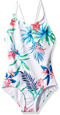 KANU SURF Girls Daisy Beach Sport 1-Piece Swimsuit Sz 14 Leonie Floral White NWT