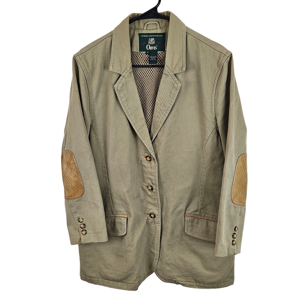 Vtg Orvis Safari Field Jacket Khaki Cotton Twill Blazer Leather