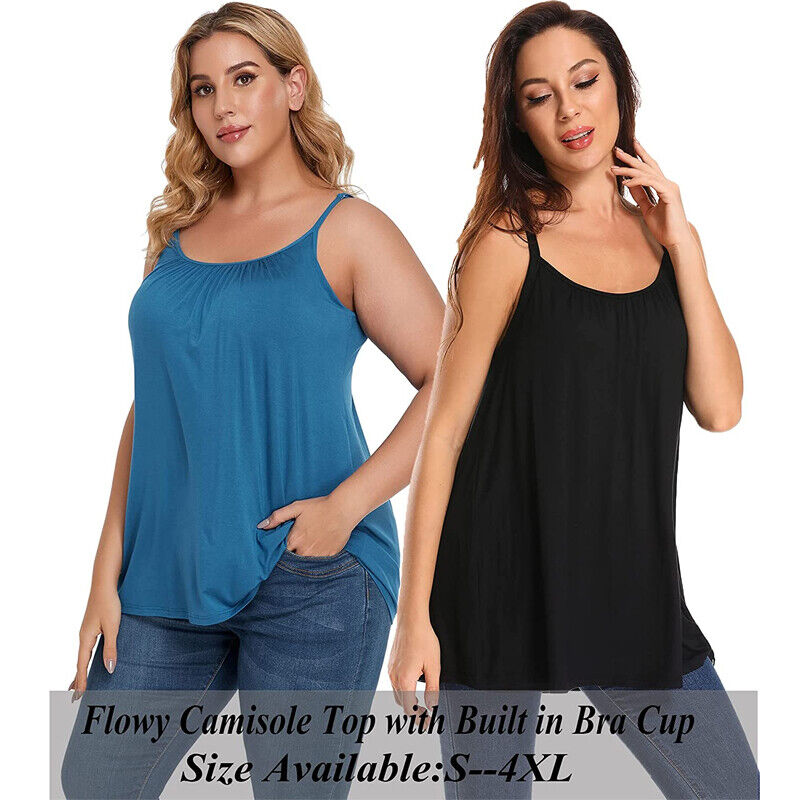 S-4XL Camisole with Built in Bra Plus Size Tunic Tops Womens Loose