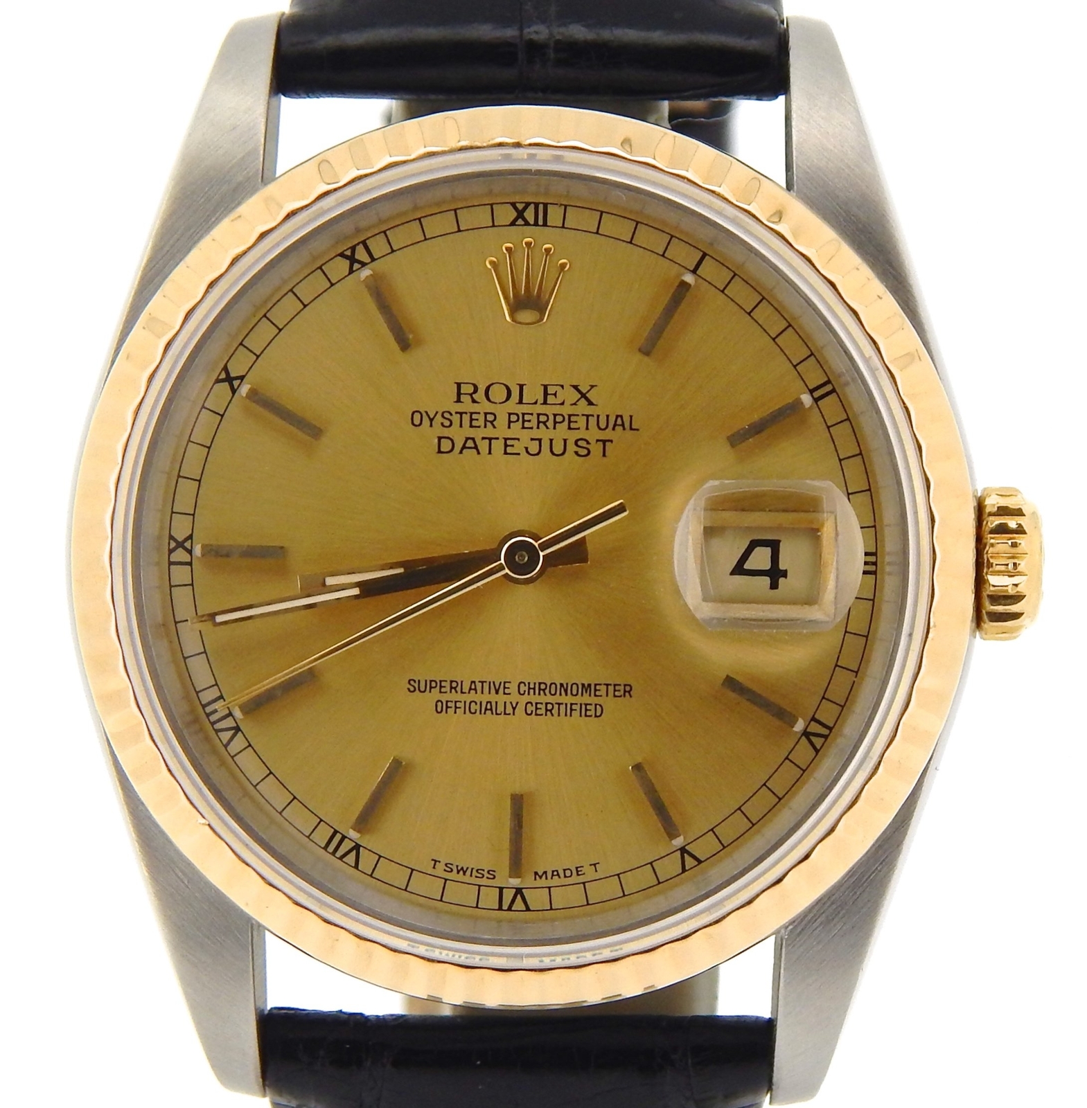 Rolex Datejust Men's Two-Tone 18K Gold Steel Watch Black Champagne Dial 16233
