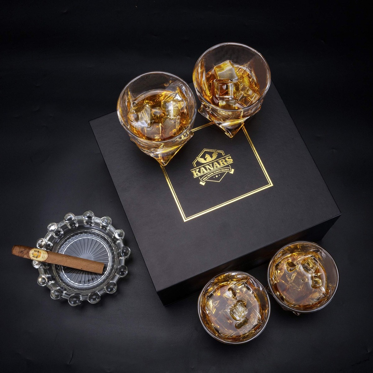Whiskey-Gläser Set Mit Zigarrenablage – 2 Stück, 340 Ml, Altmodisches Design, Bleifreies Kristallglas
