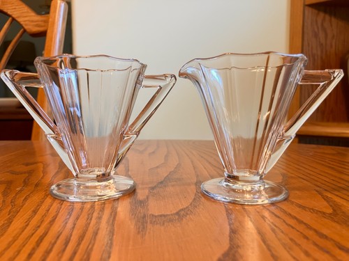 CAMBRIDGE Clear Glass Vintage Art Deco Decagon Cream & Sugar Bowl Set