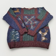 Vintage Woolrich Handknit Patchwork Sweater Deer Cabin Outdoor 90s