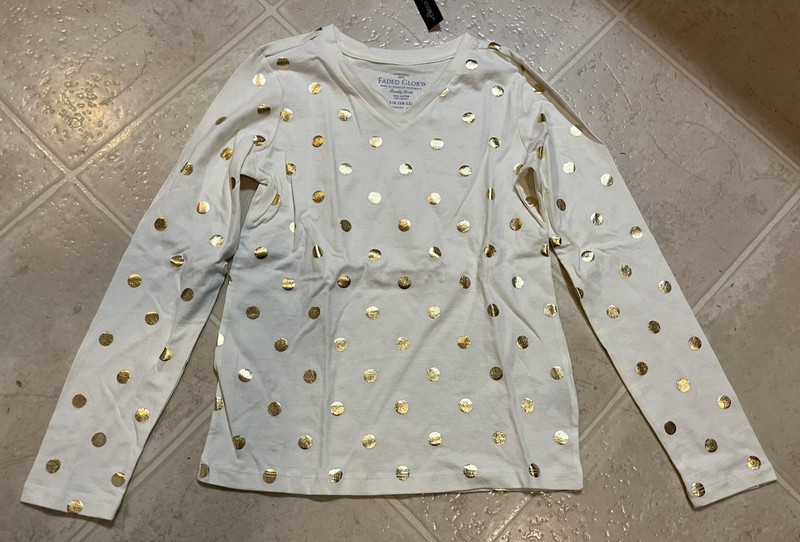 NWT  Girls 10-12 L Off-white L/S V-neck Shirt Shiny Gold Polka Dots NEW