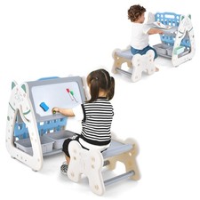 3-In-1 Kids Art Easel with Stool Magnetic Dry-Erase Board w/ Book Rack Blue
