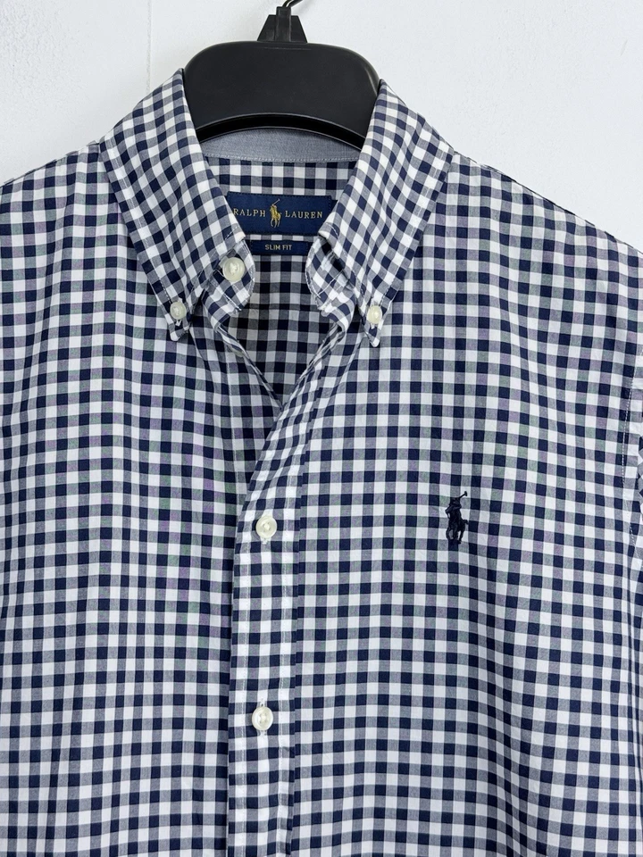 全新 Ralph Lauren 女式 8 修身纽扣衬衫海军蓝白色格子 — 第 3/4 张图片