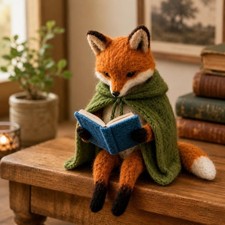 Needle Felted Fox Reading Book Figurine Handmade Woodland Animal Decor