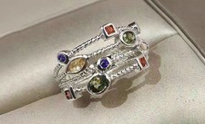 Sterling Silver Multi-Gemstone Ring, Triple Row Twisted Band, CZ Accents