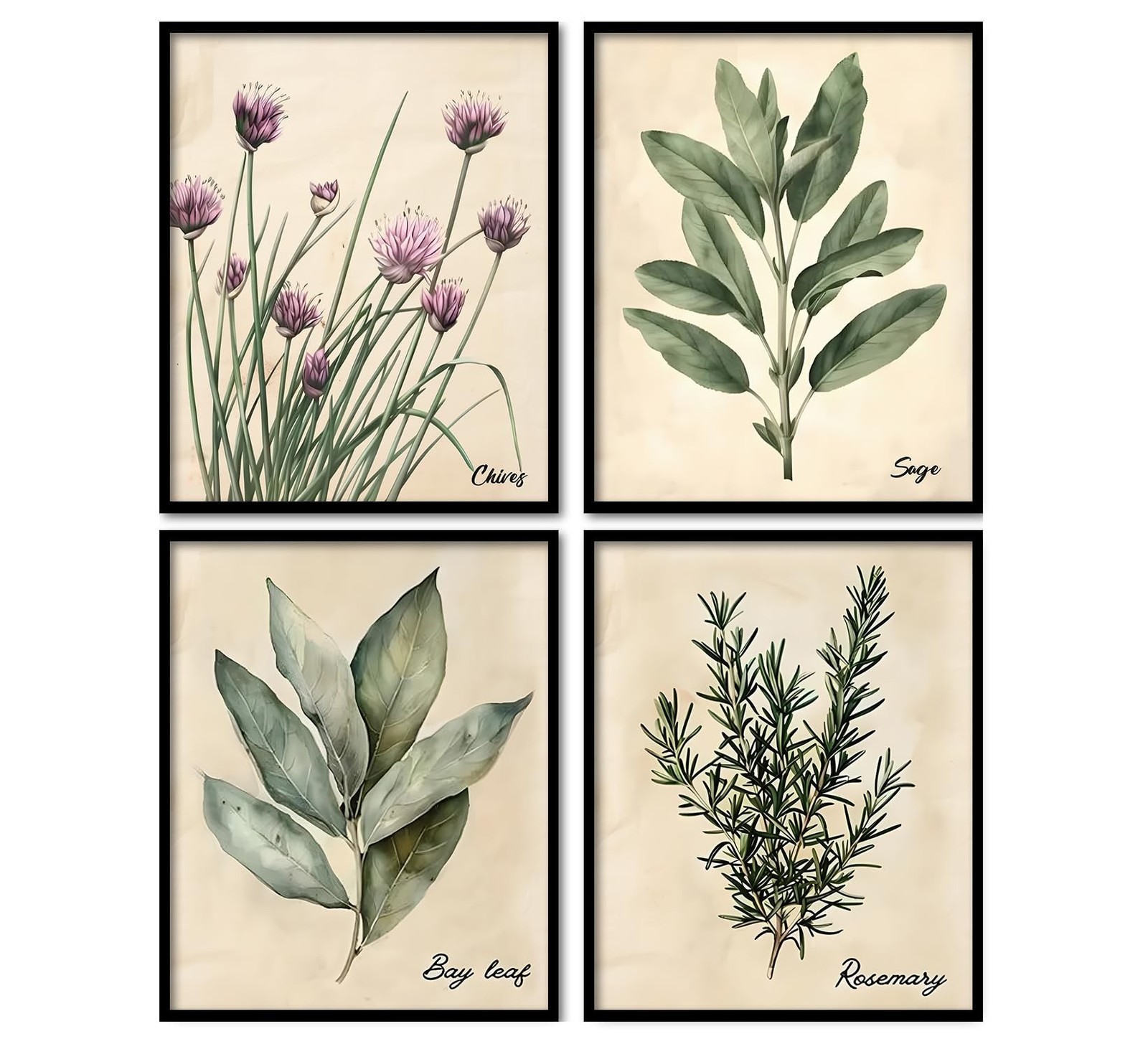 KDHTY Vintage Herbs Botanical Art Prints Wall Decor,Set of 4 Kitchen Wall Dec...