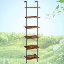 6-Tier Wooden Ladder Shelf Wall Mounted Narrow Bookcase Plant Stand Rustic Brown