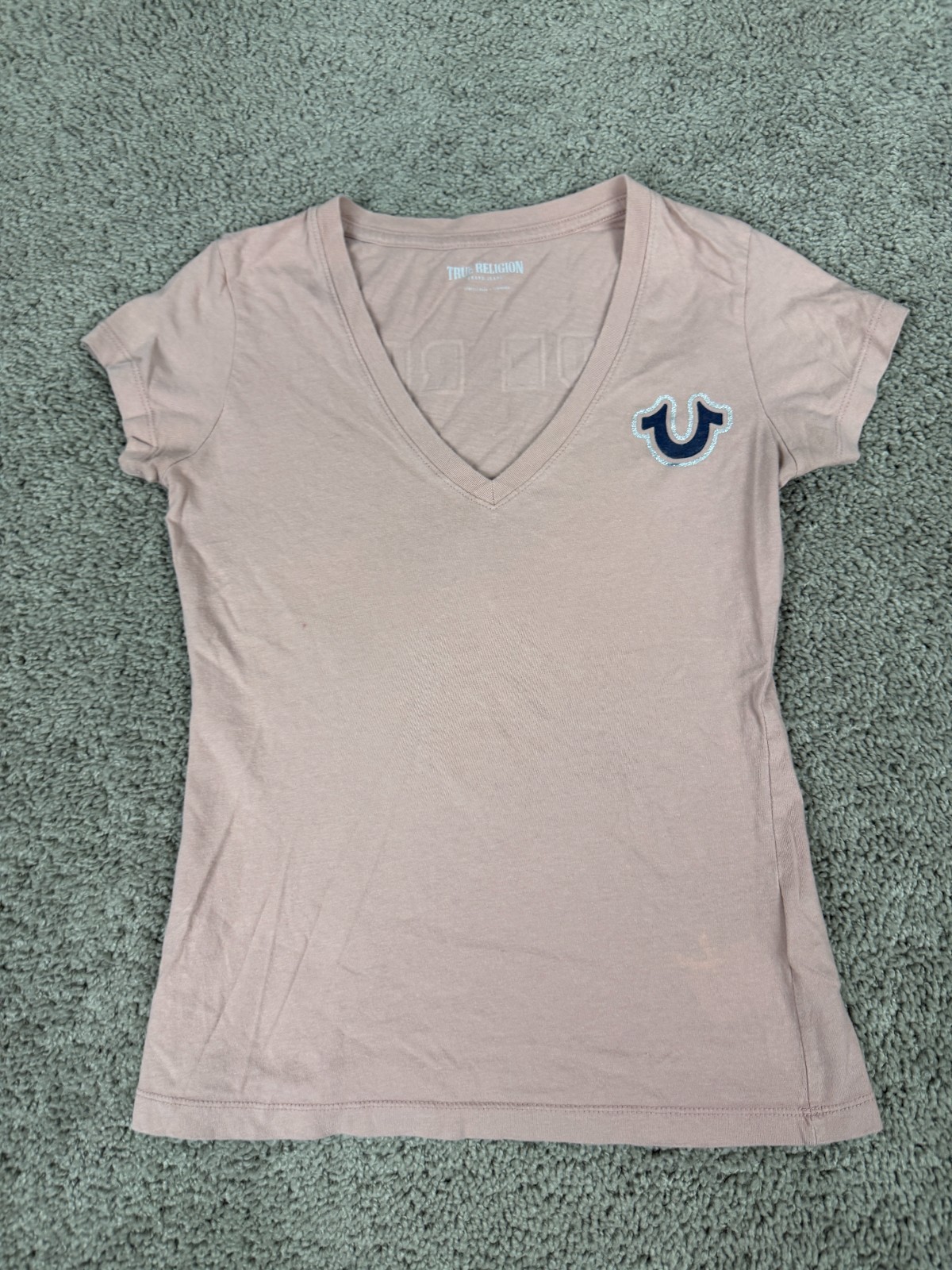 True Religion Shirt Womens Extra Small Pink Black Glitter Logo V Neck Tee thumbnail 2