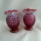 PAIR Vintage Fenton Vase Cranberry Opalescent Hobnail Glass Bud Vase Ruffle Rim