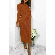 Women’s Cable Knitted Midi Dresses Ladies Pocket Tie up Long Jumper Dress